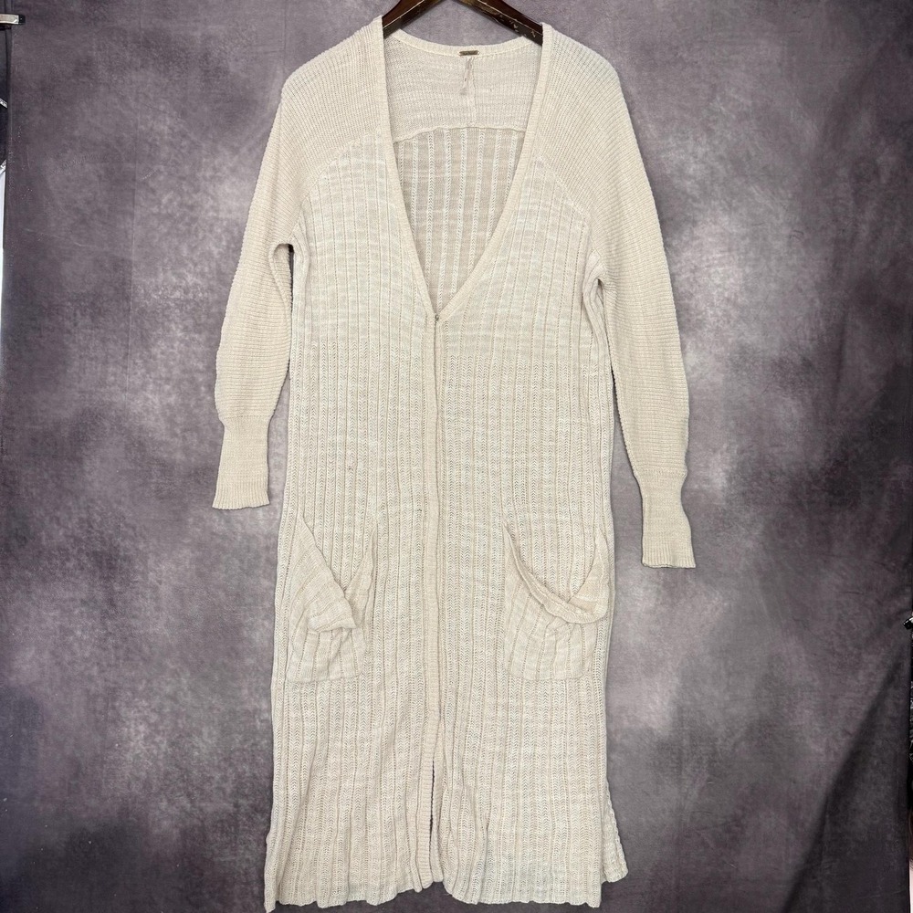 Free People Cardigan Womens Medium Beige Open Front Long Duster Pockets Rib Knit